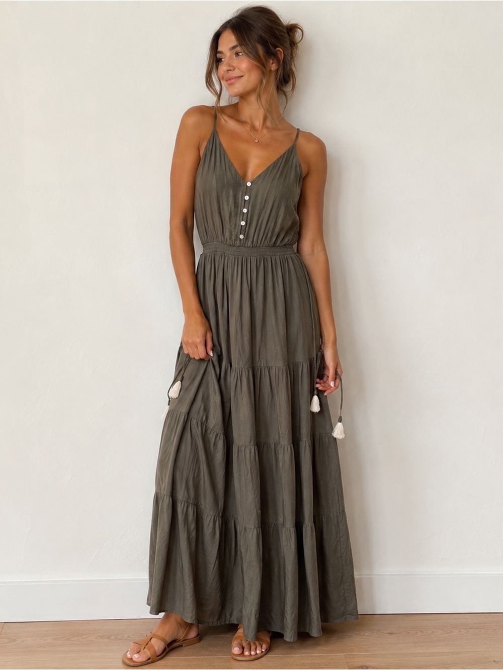 dolan Olive Green Tiered Button-Front Maxi Dress